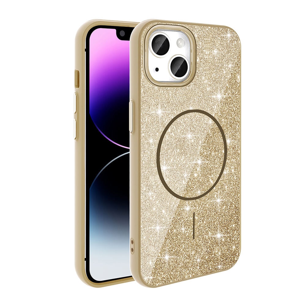 iPhone 11 Kılıf Magsafe Şarj Özellikli Parlayan Simli Okso Kapak Gold