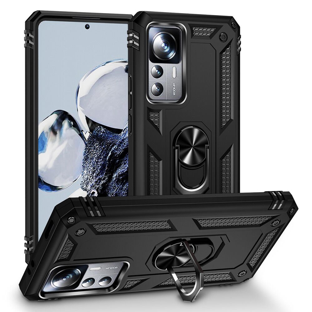 Xiaomi Mi 12T Kılıf Vega Tank Sert Yüzüklü Standlı Zırh Koruma Kapak Siyah