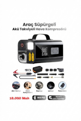 Jump Starter Süpürgeli Akü Takviye Cihazı 18.000MAH 10 in 1 Powerbank, Hava Kompresörü, LCD Ekran