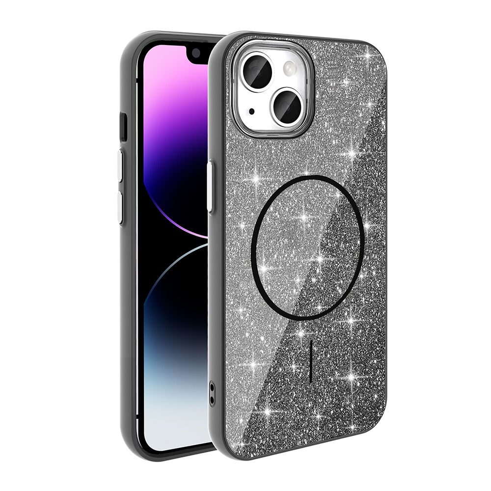 iPhone 11 Kılıf Magsafe Şarj Özellikli Parlayan Simli Okso Kapak Siyah