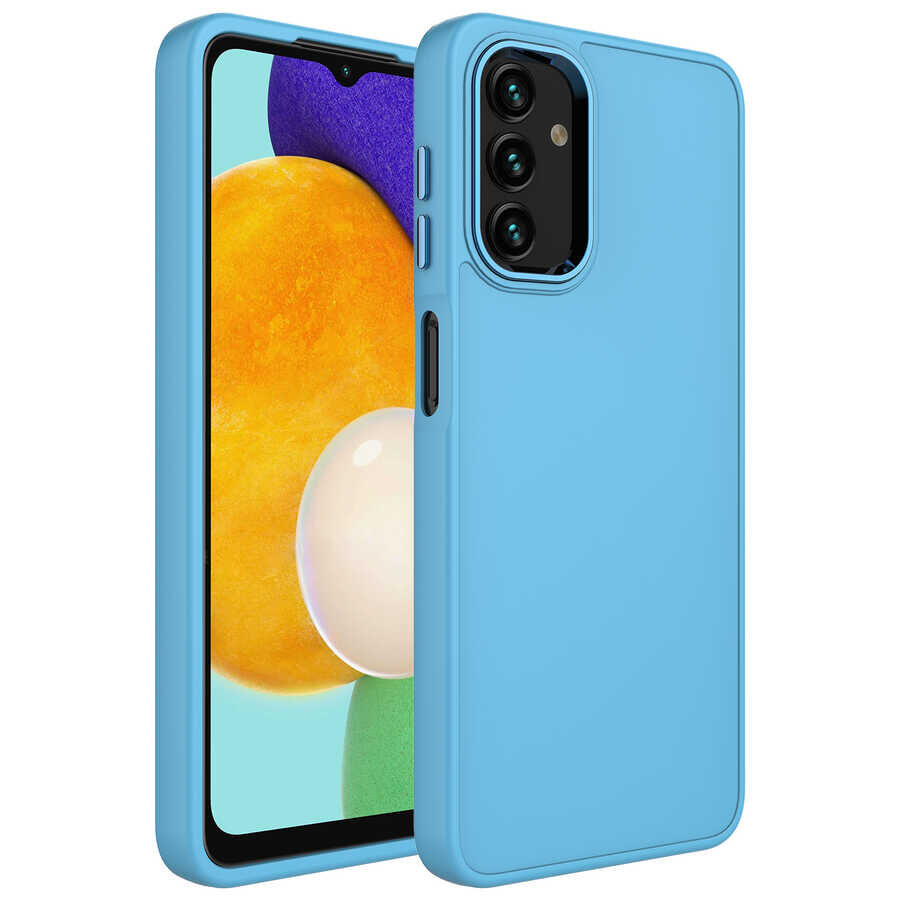 Samsung Galaxy A13 4G Kılıf Metal Çerçeve ve Buton Tasarımlı Silikon Luna Kapak Sierra Mavi