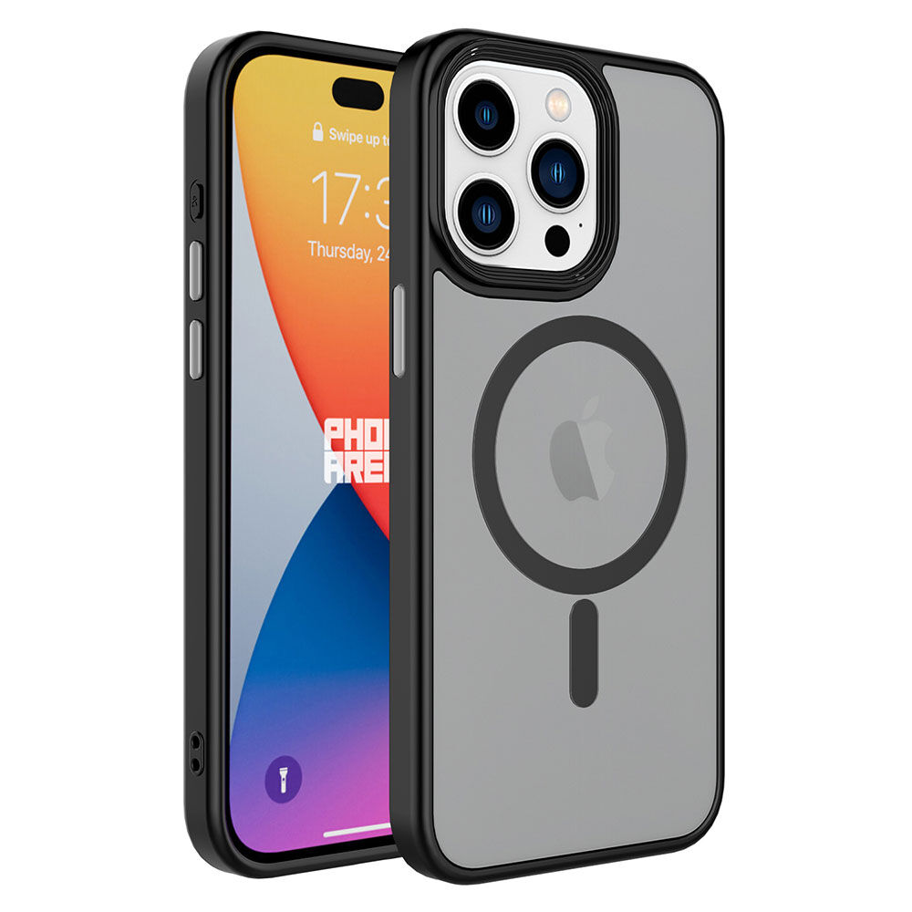 iPhone 15 Pro Max Kılıf Mat Arka Yüzey Wireless Şarj Özellikli Flet Magsafe Kapak Kılıf Siyah