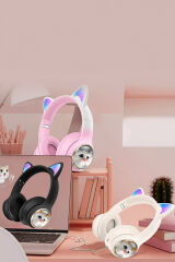HD11 Sevimli Kedi Karükatür Kulak Led Işıklı 5.3 Bluetooth Kulak Üstü Kulaklık