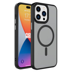 iPhone 15 Pro Max Kılıf Mat Arka Yüzey Wireless Şarj Özellikli Flet Magsafe Kapak Kılıf Siyah