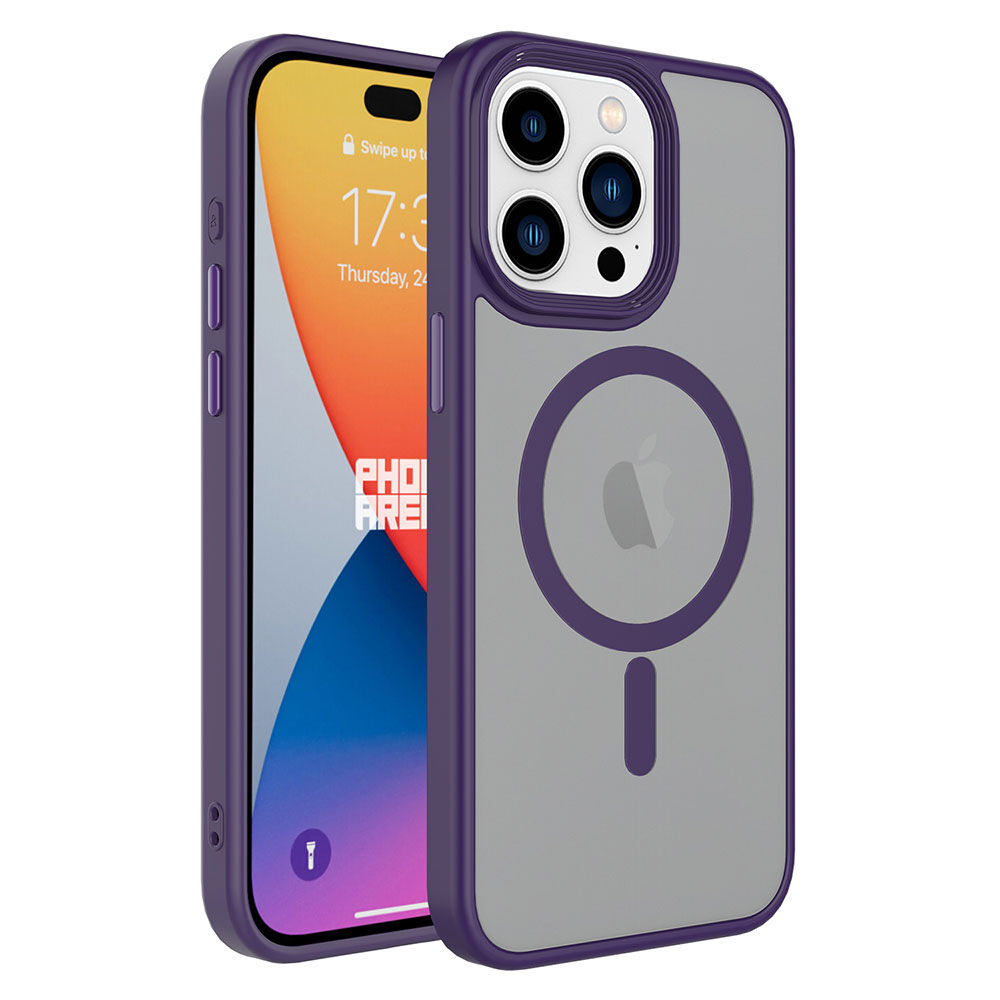 iPhone 15 Pro Max Kılıf Mat Arka Yüzey Wireless Şarj Özellikli Flet Magsafe Kapak Kılıf Derin Mor