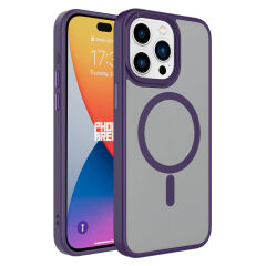 iPhone 15 Pro Max Kılıf Mat Arka Yüzey Wireless Şarj Özellikli Flet Magsafe Kapak Kılıf Derin Mor