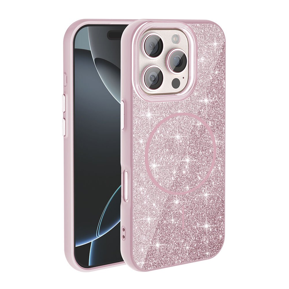 iPhone 16 Pro Max Kılıf Magsafe Şarj Özellikli Parlayan Simli Okso Kapak Pembe
