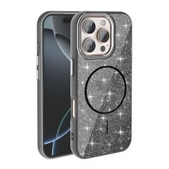 iPhone 16 Pro Max Kılıf Magsafe Şarj Özellikli Parlayan Simli Okso Kapak Siyah