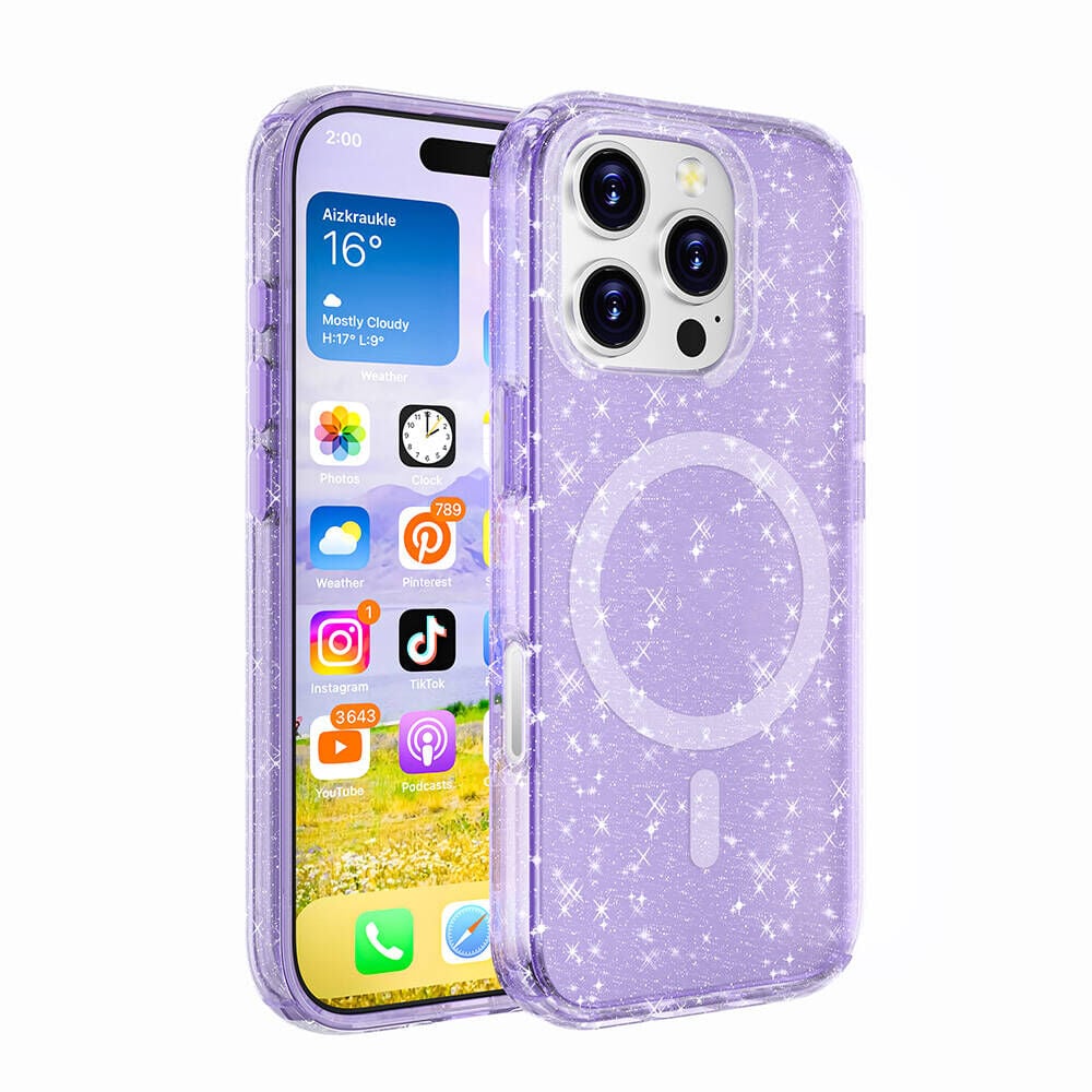 iPhone 16 Pro Kılıf Magsafe Şarj Özellikli Parlayan Simli Saydam Renkli Allstar Kapak Mor