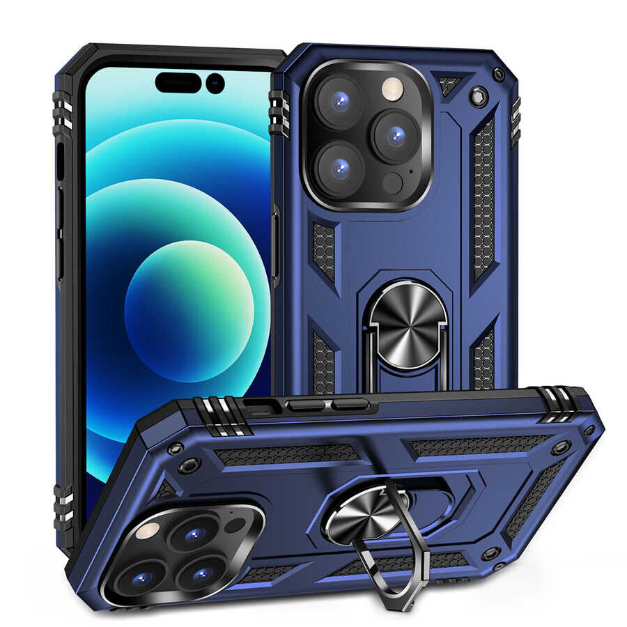 iPhone 14 Pro Max Kılıf Vega Tank Sert Yüzüklü Standlı Zırh Koruma Kapak Mavi