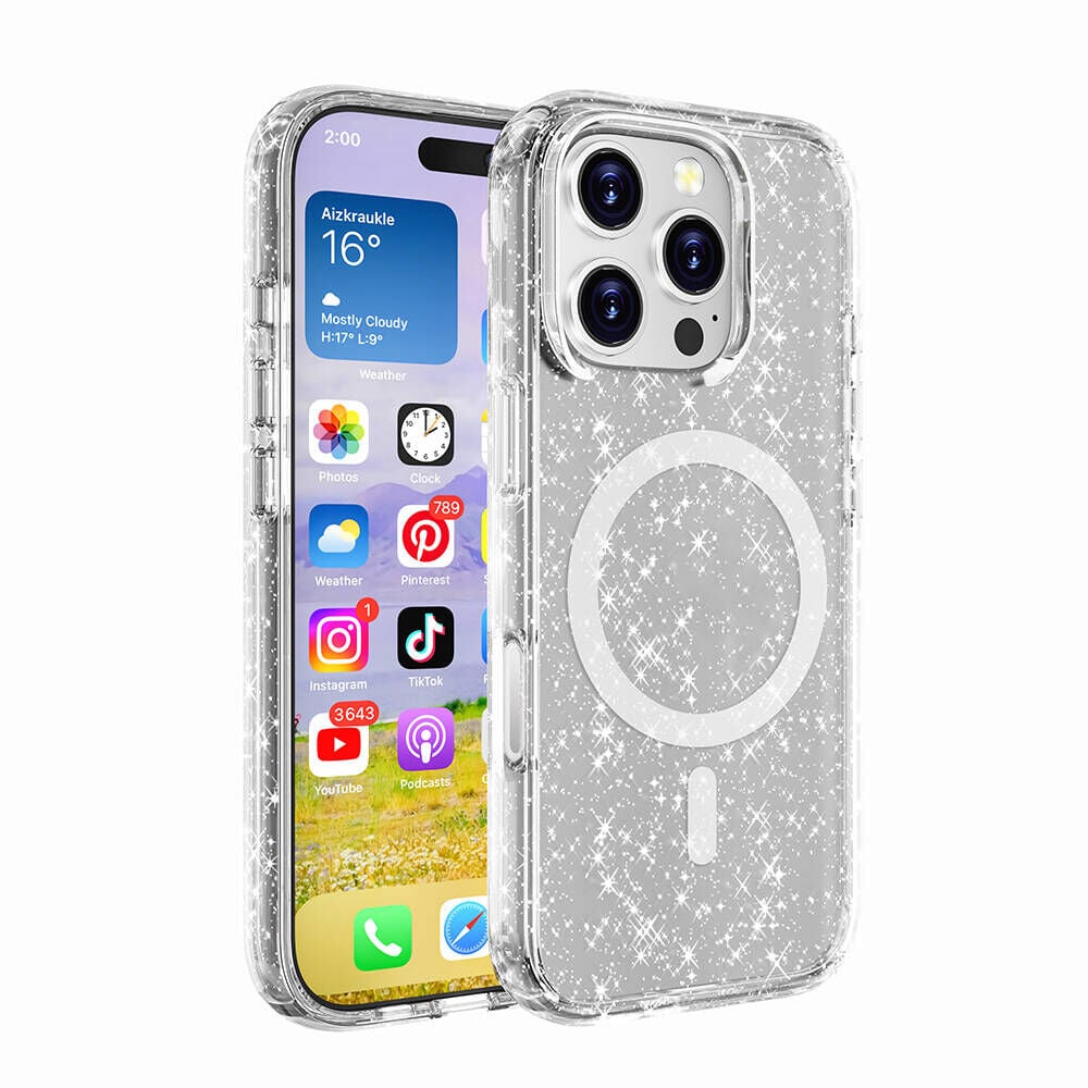 iPhone 16 Pro Max Kılıf Magsafe Şarj Özellikli Parlayan Simli Saydam Renkli Allstar Kapak Şeffaf
