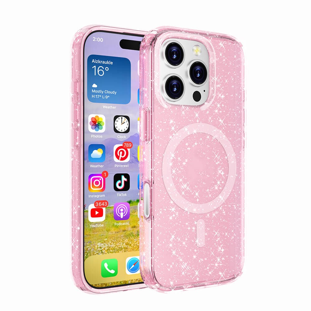 iPhone 16 Pro Max Kılıf Magsafe Şarj Özellikli Parlayan Simli Saydam Renkli Allstar Kapak Pembe