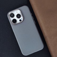iPhone 15 Pro Max Kılıf Magsafe Şarj Özellikli PU Deri Adora Kapak Koyu Gri