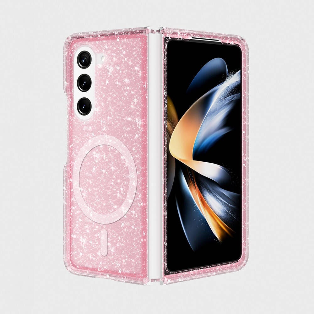 Samsung Galaxy Z Fold 6 Kılıf Magsafe Şarj Özellikli Parlayan Simli Saydam Renkli Allstar Kapak Pembe
