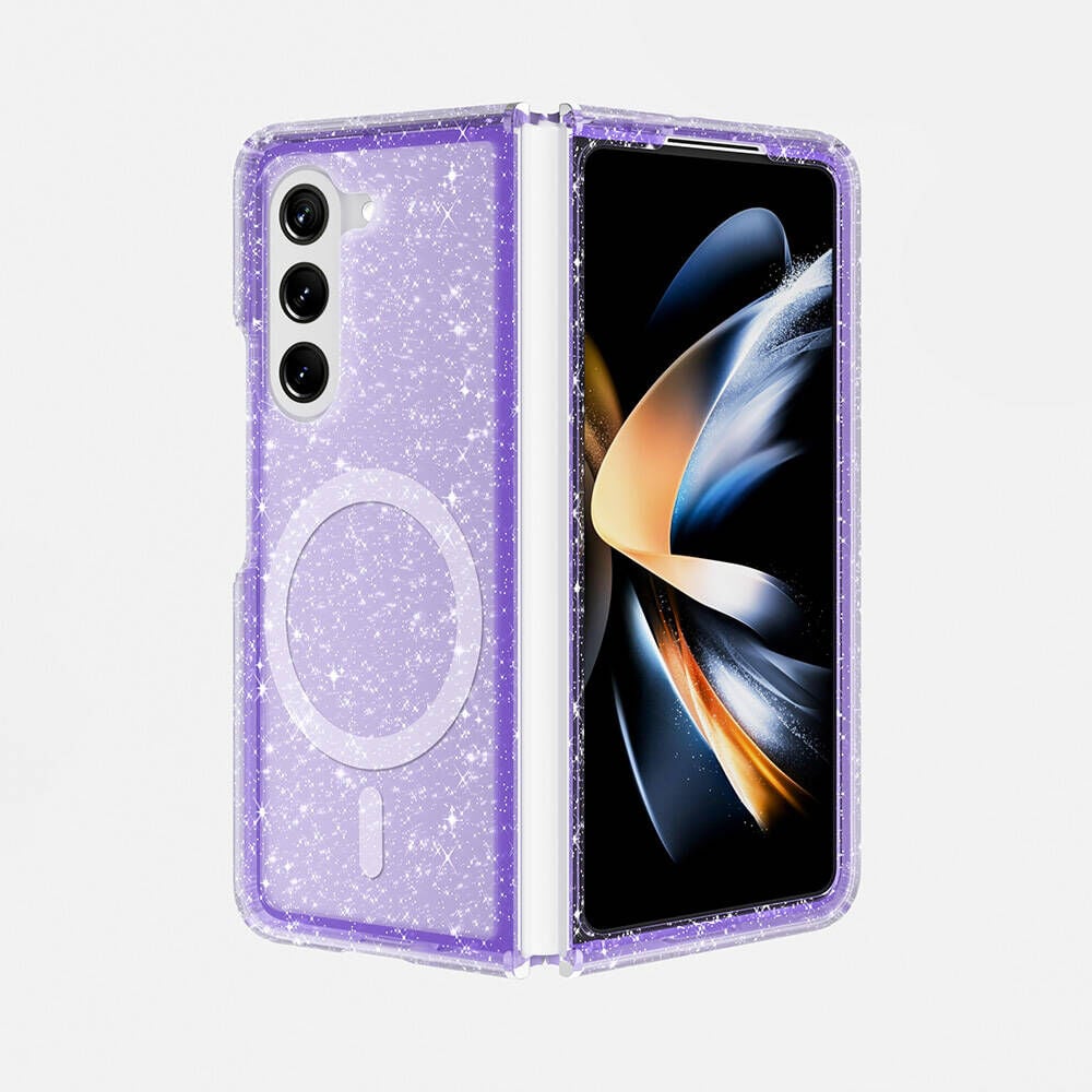 Samsung Galaxy Z Fold 6 Kılıf Magsafe Şarj Özellikli Parlayan Simli Saydam Renkli Allstar Kapak Mor