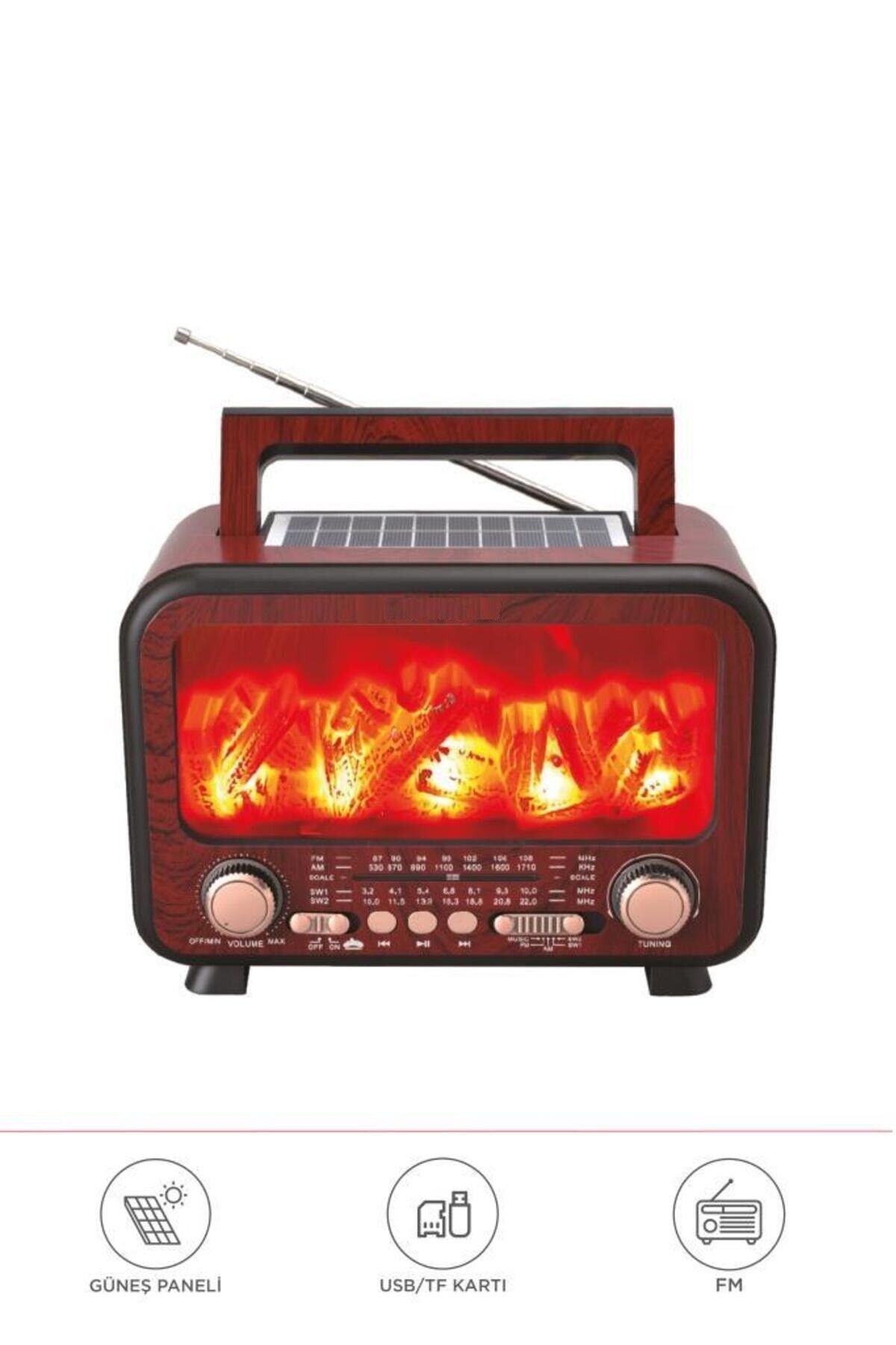Şömine Görünümlü Solar Güneş Enerji Ahşap Nostalji Bluetooth Usb Sd Mp3 Radyo Müzik Kutusu Kırmızı