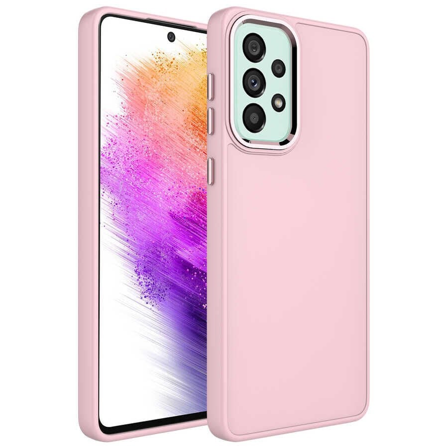 Samsung Galaxy A23 Metal Çerçeve ve Buton Tasarımlı Silikon Luna Kapak kılıf Pembe