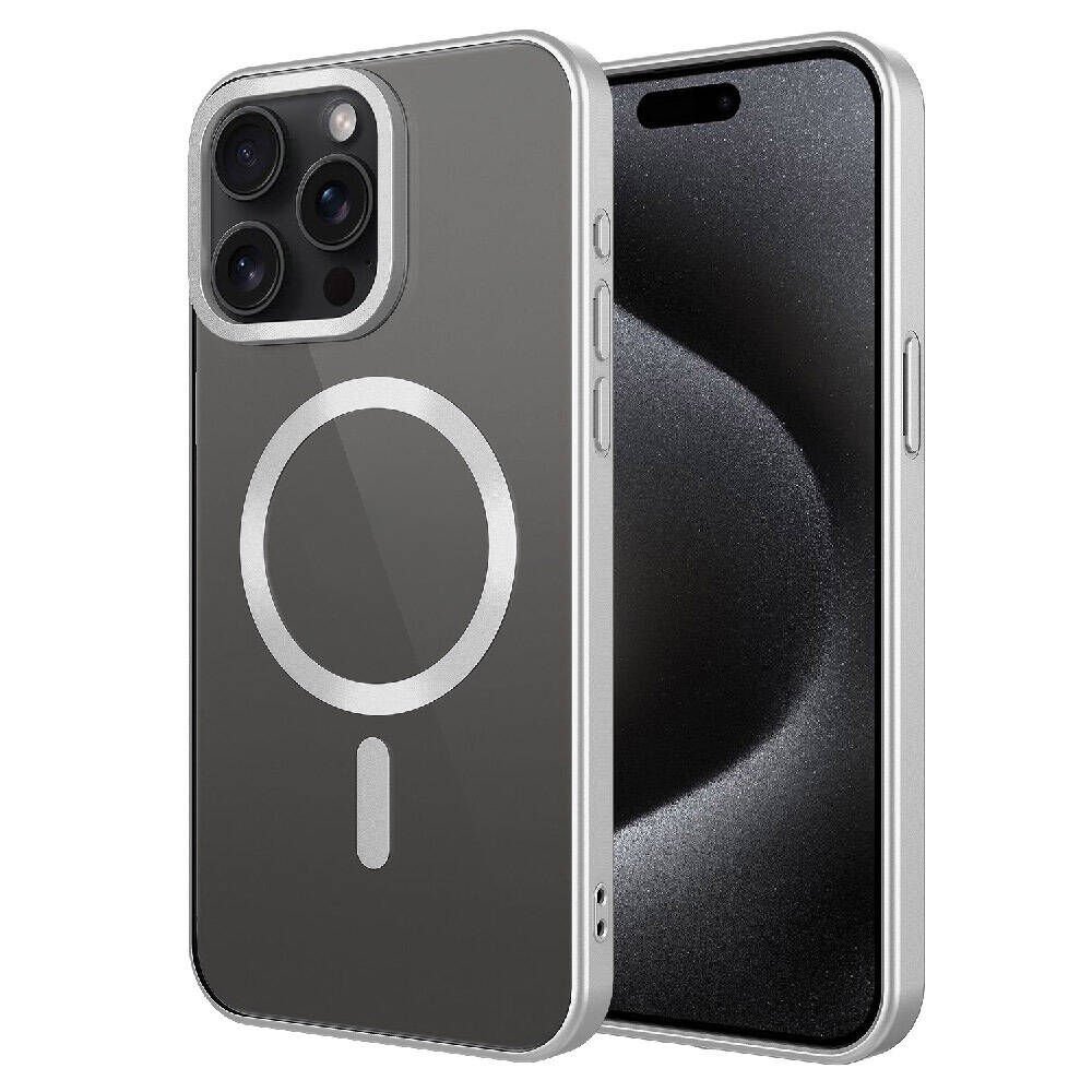 iPhone 15 Pro Max Kılıf Mat Tasarımlı Magsafe Wireless Şarj Özellikli Mat Setro Kapak Kılıf Gümüş