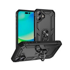 iPhone 16 Plus Kılıf Vega Tank Sert Yüzüklü Standlı Zırh Koruma Kapak Siyah