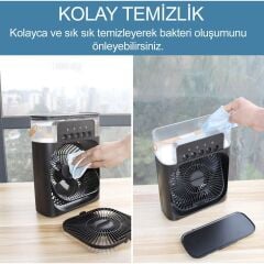 Mini Hava Soğutucu, Taşınabilir Hortumsuz Portatif Klima, Mobil Sulu Klima, 3 Rüzgar Hızı, 3 Sis Modu, Taşınabilir Buzlu Vantilatör 5 Sprey Delikli ile Renkli LED Işıklı Siyah Renk Siyah