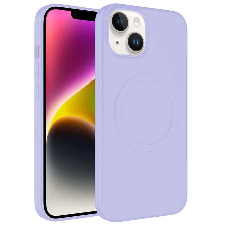 iPhone 14 Kılıf Magsafe Wireless Şarj Özellikli Pastel Renk Silikon Plas Kapak Lila