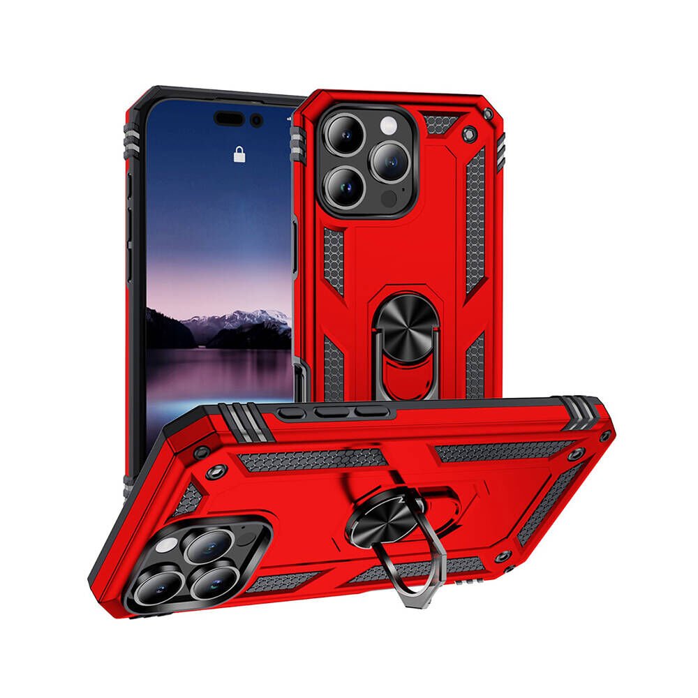 iPhone 16 Pro Kılıf Vega Tank Sert Yüzüklü Standlı Zırh Koruma Kapak Kırmızı