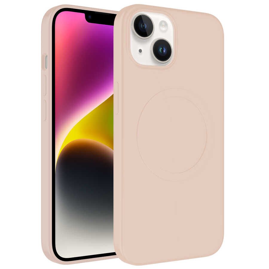 iPhone 14 Kılıf Magsafe Wireless Şarj Özellikli Pastel Renk Silikon Plas Kapak Pembe Açık