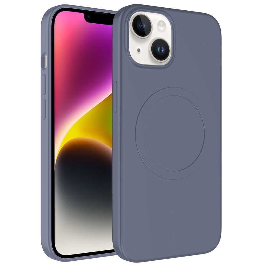 iPhone 14 Kılıf Magsafe Wireless Şarj Özellikli Pastel Renk Silikon Plas Kapak Lavendery Gray