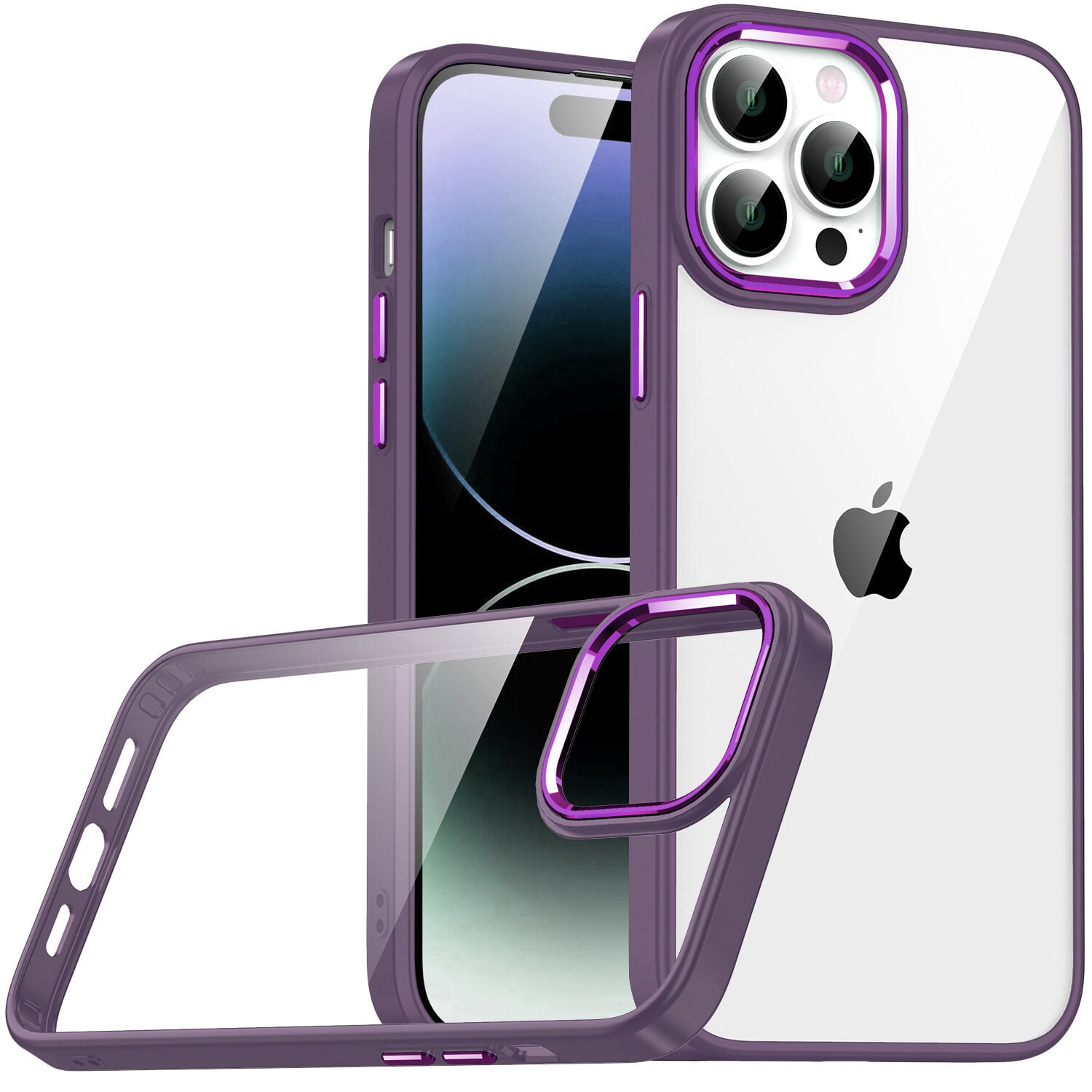 iPhone 14 Pro Max Kılıf Kamera Çıkıntılı Arkası Şeffaf Köşeleri Parlak Renkli Işlemeli Flora Kapak Derin Mor