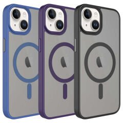 iPhone 14 Kılıf Mat Arka Yüzey Wireless Şarj Özellikli Flet Magsafe Kapak Lacivert