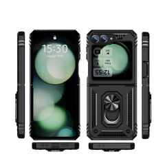 Samsung Galaxy Z Flip 6 Kılıf Vega Tank Sert Yüzüklü Standlı Zırh Koruma Kapak Kırmızı