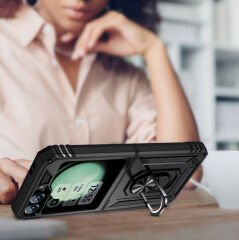 Samsung Galaxy Z Flip 6 Kılıf Vega Tank Sert Yüzüklü Standlı Zırh Koruma Kapak Mavi