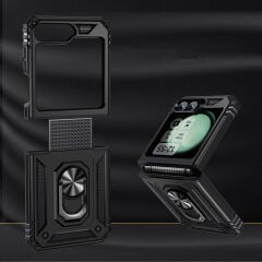 Samsung Galaxy Z Flip 6 Kılıf Vega Tank Sert Yüzüklü Standlı Zırh Koruma Kapak Kırmızı