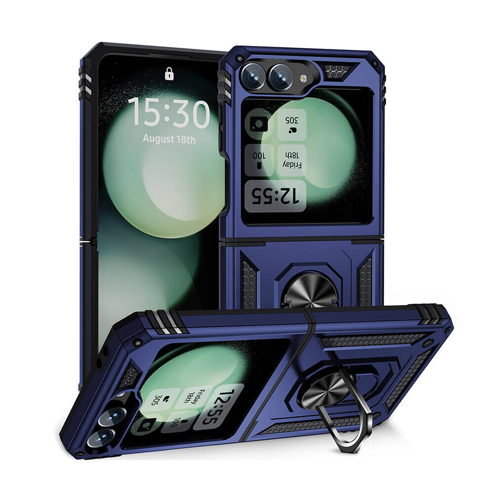 Samsung Galaxy Z Flip 6 Kılıf Vega Tank Sert Yüzüklü Standlı Zırh Koruma Kapak Mavi