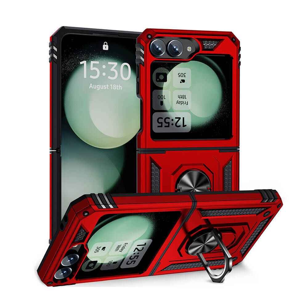 Samsung Galaxy Z Flip 6 Kılıf Vega Tank Sert Yüzüklü Standlı Zırh Koruma Kapak Kırmızı