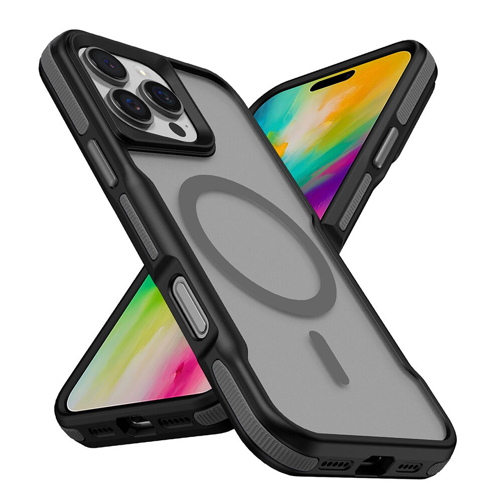 iPhone 16 Pro Max Kılıf Magsafe Şarj Özellikli Renkli Kenar Airbag Şeritli Lamer Kapak Gri