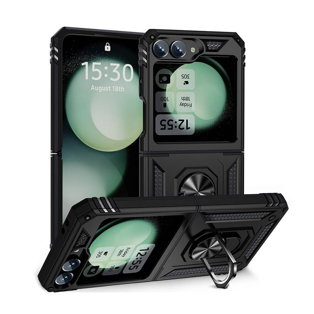 Samsung Galaxy Z Flip 6 Kılıf Vega Tank Sert Yüzüklü Standlı Zırh Koruma Kapak Siyah