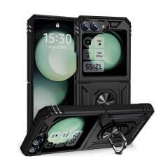 Samsung Galaxy Z Flip 6 Kılıf Vega Tank Sert Yüzüklü Standlı Zırh Koruma Kapak Siyah