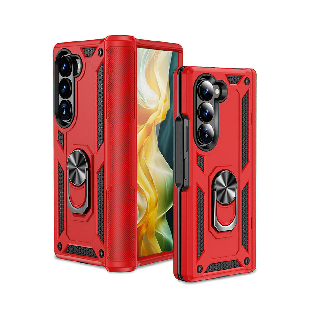 Samsung Galaxy Z Fold 6 Kılıf Vega Tank Sert Yüzüklü Standlı Zırh Koruma Kapak Kırmızı