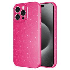 iPhone 15 Pro Kılıf Kamera Korumalı Simli Lüks Koton Kapak Pembe Koyu