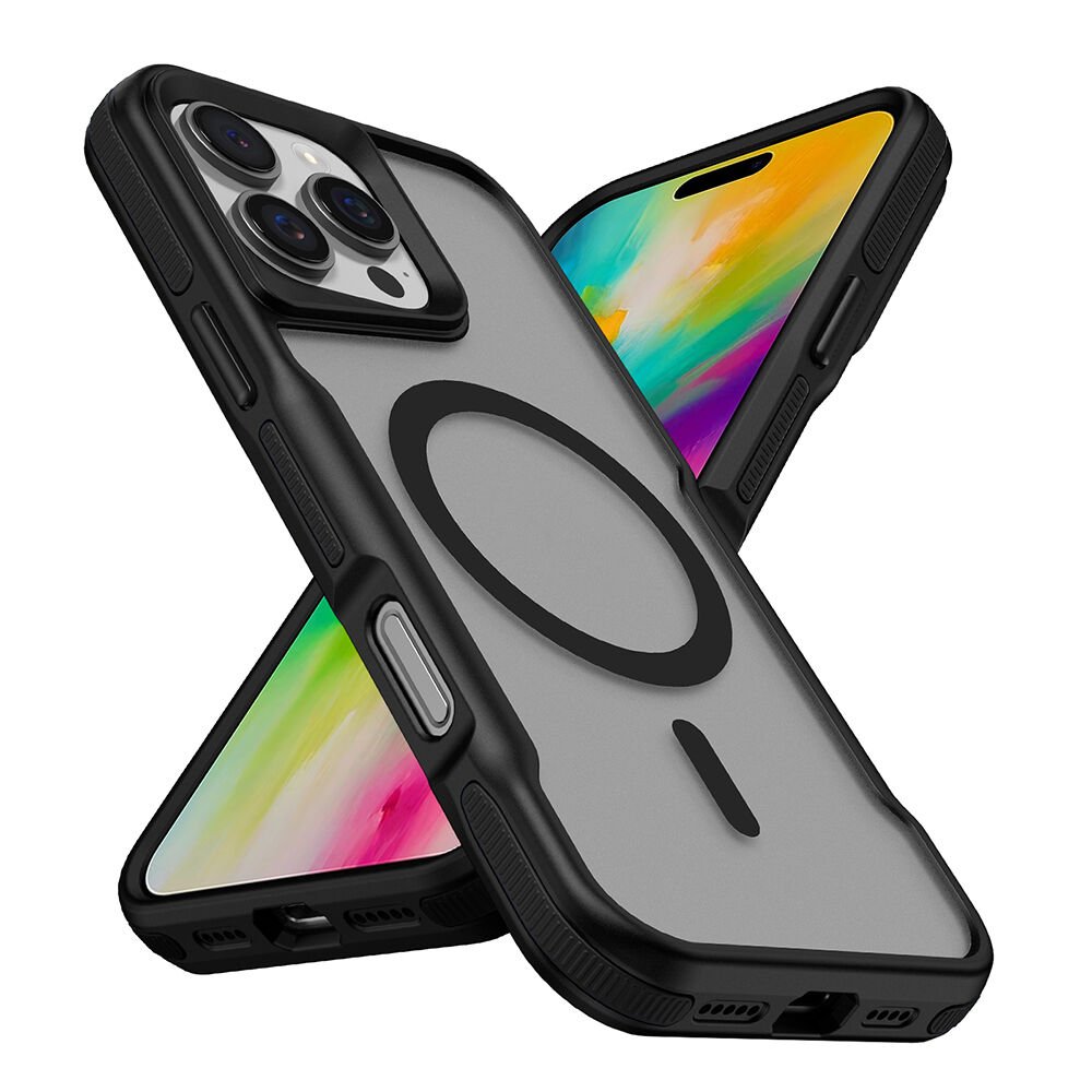 iPhone 16 Pro Kılıf Magsafe Şarj Özellikli Renkli Kenar Airbag Şeritli Lamer Kapak Siyah