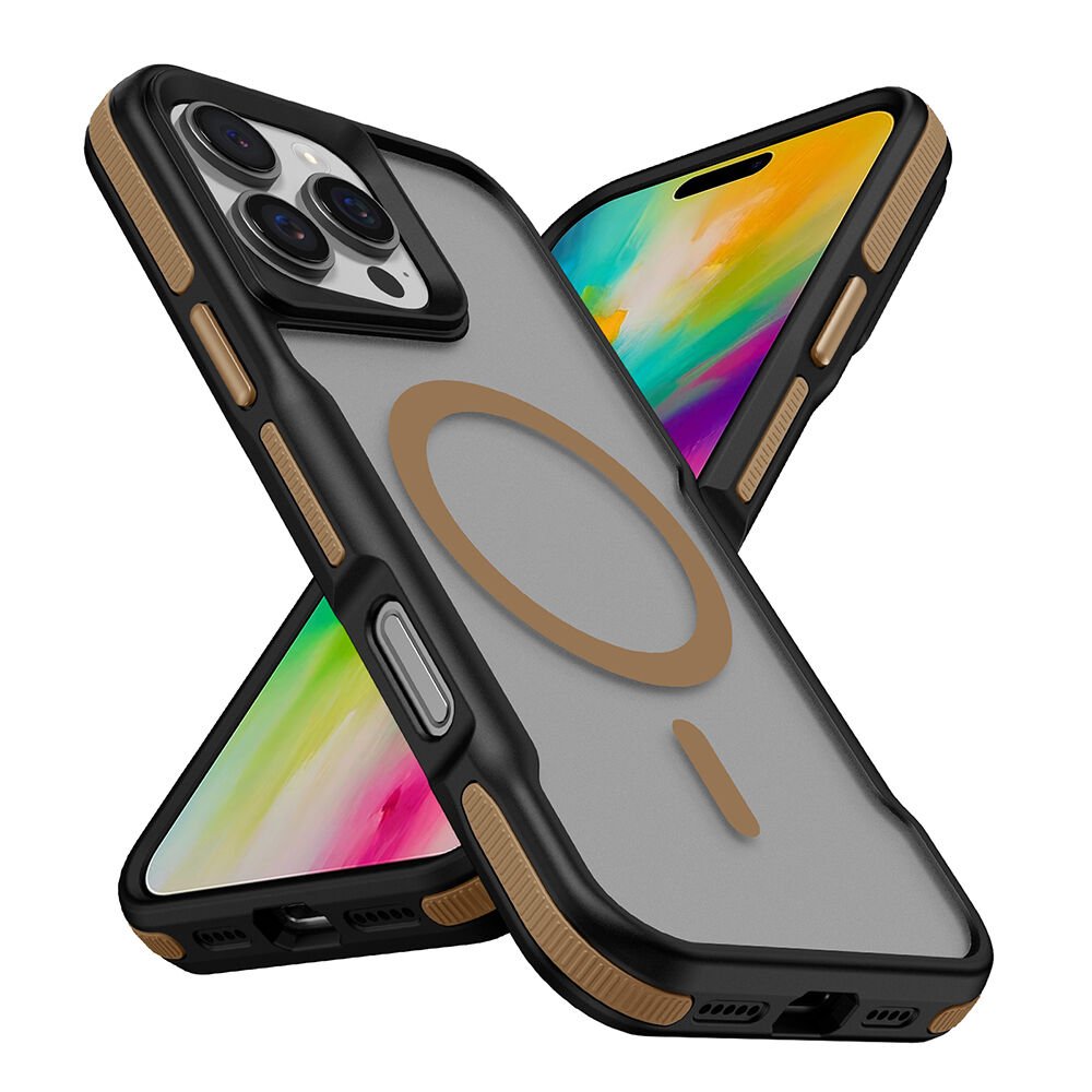 iPhone 16 Pro Kılıf Magsafe Şarj Özellikli Renkli Kenar Airbag Şeritli Lamer Kapak Titanyum-Gold