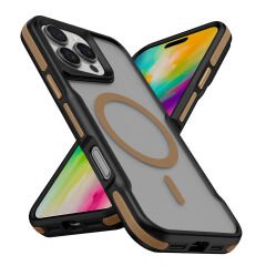 iPhone 16 Pro Kılıf Magsafe Şarj Özellikli Renkli Kenar Airbag Şeritli Lamer Kapak Titanyum-Gold