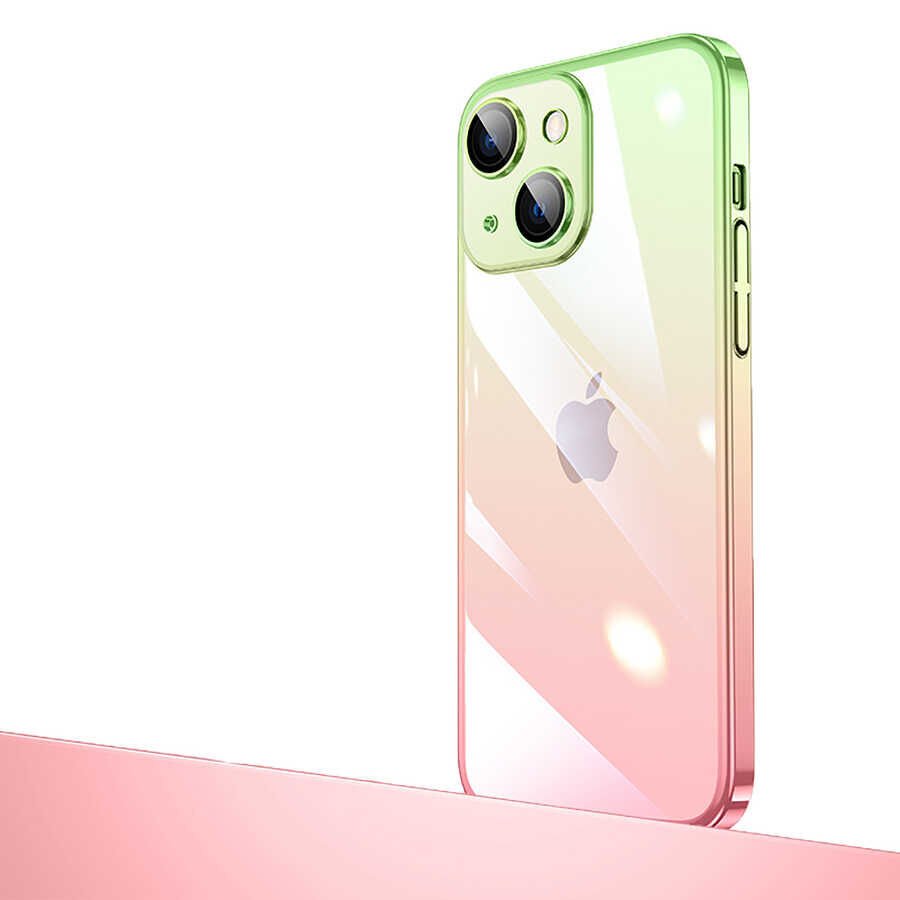 iPhone 14 Kılıf Parlak Renk Geçişli Kamera Korumalı Senkron Kapak Pembe-Yeşil
