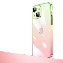iPhone 14 Kılıf Parlak Renk Geçişli Kamera Korumalı Senkron Kapak Pembe-Yeşil