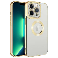 iPhone 14 Pro Max Kılıf Kamera Korumalı Logo Gösteren Omega Kapak Gold