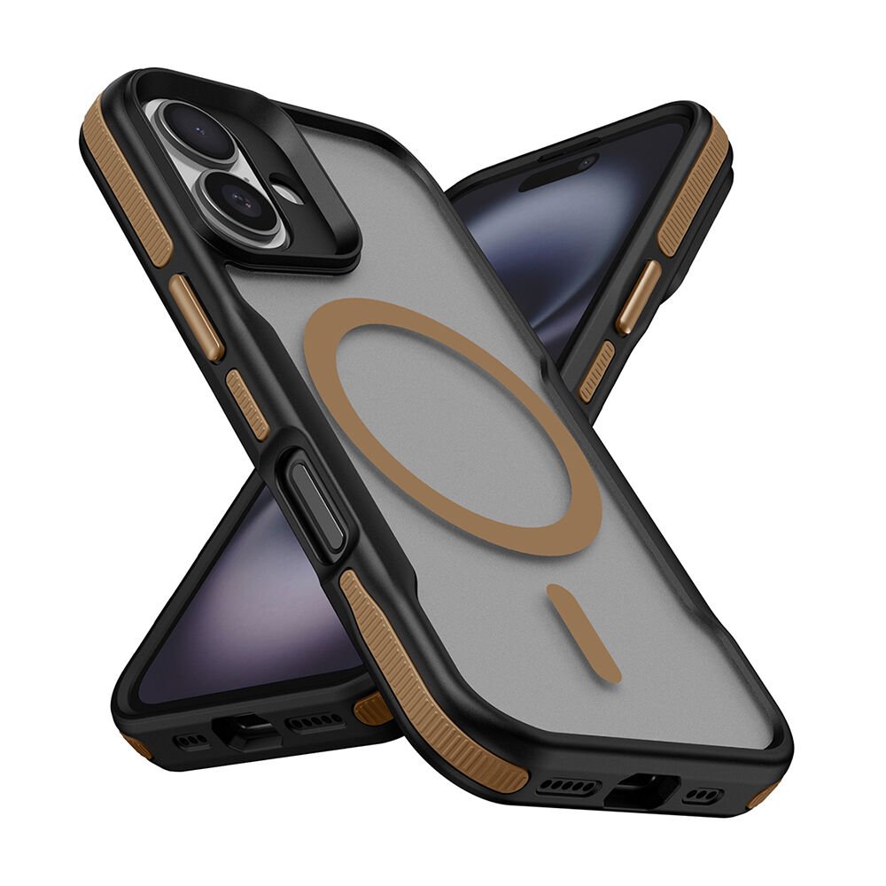iPhone 16 Plus Kılıf Magsafe Şarj Özellikli Renkli Kenar Airbag Şeritli Lamer Kapak Titanyum-Gold