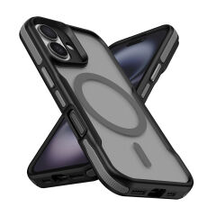 iPhone 16 Kılıf Magsafe Şarj Özellikli Renkli Kenar Airbag Şeritli Lamer Kapak Gri