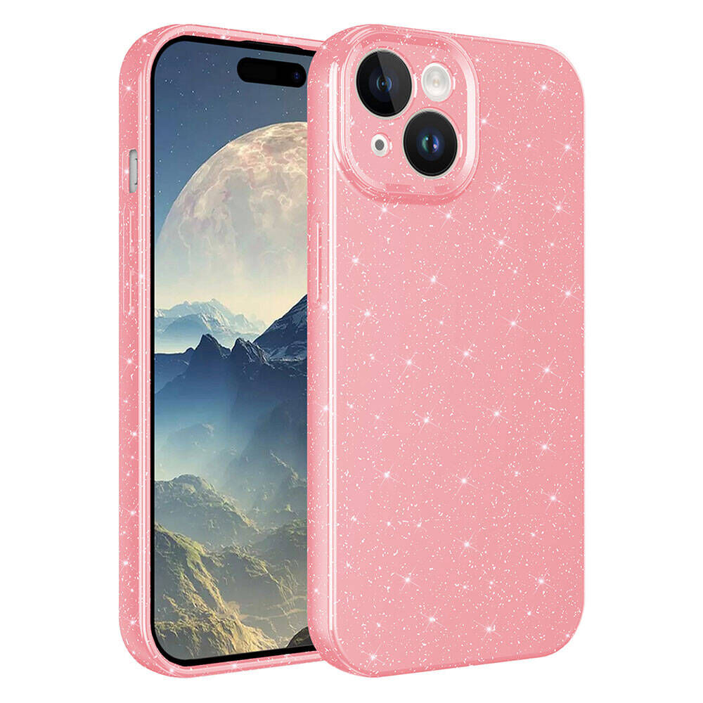 iPhone 15 Kılıf Kamera Korumalı Simli Lüks Koton Kapak Pembe