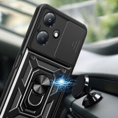 İnfinix Hot 30 Play Kılıf Magnetik Standlı Kamera Korumalı Sürgülü Vega Kapak Siyah